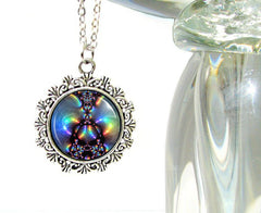 Dainty Silver Necklace with an Aura-Themed Rainbow Energy Art Photo Print under glass by Primal Painter