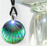 Green and Blue Chakra Rays Necklace, Abstract Wearable Artwork  - "New Growth"
