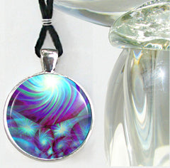 blue and purple abstract art as a round necklace with a glass dome by Primal Painter