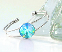 Pale teal Angel art wire cuff bracelet with art under glass by Primal Painter