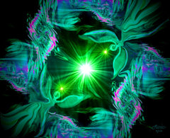 Abstract art print in green with two angels facing a central green starburst and surrounded by abstract patterns called Angel Hearts by Primal Painter