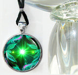 green twin flames necklace with heart chakra art by Primal Painter