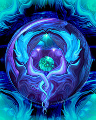 Blue and purple artwork, two twin flame angels seated and entwined within a circle, the Earth held between them, and an energy pyramid rising above their heads. Art by Primal Painter