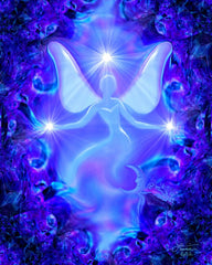 A luminous blue angel holds white orbs of light in her hands, a white starburst crowning her head and a crescent moon resting at her feet, all set against a deep blue and purple swirling abstract background. Art by Primal Painter