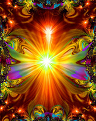 Orange and red abstract angel art print with a starburst center, rainbow colors in the wings, a heart at the bottom, and tiny figures around the border by Primal Painter.