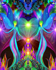 A colorful art print featuring twin flame figures connected by a violet flame, set against a vibrant, psychedelic background. Twin Flames Art by Primal Painter