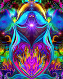 A vibrant and colorful abstract art print featuring twin flame angels with a heart-shaped violet flame, symbolizing love and spiritual transformation. Art by Primal Painter