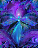 third eye art for intuition in purple and teal featuring a teal angel with spread arms against a patterned background by Primal Painter