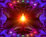 A central orange light being radiates outward, the seven chakra colors arching above and below in a full spectrum of light, all set against a mandala fractal purple background. Art by Primal Painter.