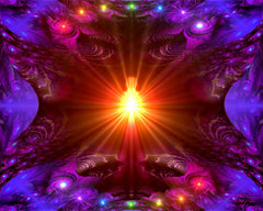 A central orange light being radiates outward, the seven chakra colors arching above and below in a full spectrum of light, all set against a mandala fractal purple background. Art by Primal Painter.