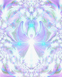 Soft violet and white angel with blue orbs in her hands and above her head surrounded by symmetrical energy patterns. Art called On the Wings of Angels by Primal Painter 