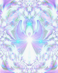 Soft violet and white angel with blue orbs in her hands and above her head surrounded by symmetrical energy patterns. Art called On the Wings of Angels by Primal Painter 