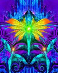 A colorful abstract art print called Centered by Primal Painter featuring an angel with a green aura and two smaller angel figures at the bottom, set against a vibrant, psychedelic background.