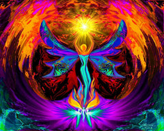 An angel lifts a blazing yellow starburst overhead while three small angels gather at her feet, and a crimson and orange blast of energy erupts above it all, raw, fierce, and luminous. Art print called Phoenix Rising  by Primal Painter