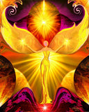 The Becoming by Primal painter is a visionary angel art print featuring a bright yelow angel with yellow orbs in her hands and over head against a      red abstract background. 