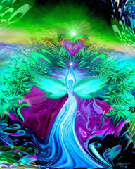 teal angel art print, arms uplifted with water elements spraying out from her body, symbolizing the balancing of water elements called Water Elemental by Primal Painter