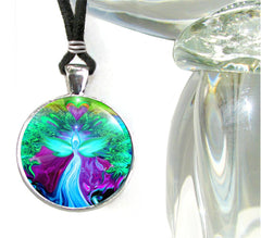 Teal Angel Art Necklace with a pink heart over her head called "The Water Elemental" by Primal Painter