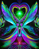  Two twin flame angels stand face to face, hands clasped, a red starburst grounding them at the base and a green starburst glowing inside a heart above their heads. Art called Unconditional Love by Primal Painter