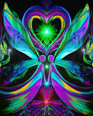  Two twin flame angels stand face to face, hands clasped, a red starburst grounding them at the base and a green starburst glowing inside a heart above their heads. Art called Unconditional Love by Primal Painter