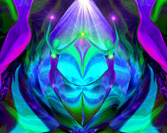 Two twin flame angels in blue, purple, and teal mirror each other perfectly, one hand reaching across to touch above a fragmented heart between them. Art by Primal Painter