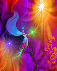 Rainbow reiki angel with a very bright fuchsia and purple background with orange highlights, green starbursts. Art Print called The Gift by Primal Painter