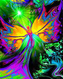 From Dark to Light by Primal Painter is a chakra art rainbow angel print with bright butterfly wings in rainbow spectrum.  Meditation, spiritual art. 
