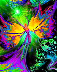 From Dark to Light by Primal Painter is a chakra art rainbow angel print with bright butterfly wings in rainbow spectrum.  Meditation, spiritual art. 
