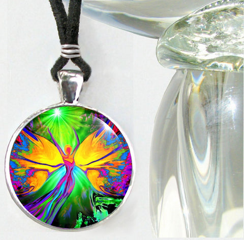 Rainbow Fairy Angel Art Necklace with Metaphysical Meaning by Primal Painter called "From Dark to Light"