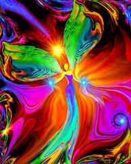 Visionary art print by Primal Painter featuring a green angel with large wings holding orbs with a colorful swirling red abstract background