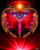 Red root chakra art print with a red angel with intricate wings inside an orb of power with grounding light ray at the bottom called Primal by Primal Painter