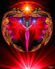 Red root chakra art print with a red angel with intricate wings inside an orb of power with grounding light ray at the bottom called Primal by Primal Painter