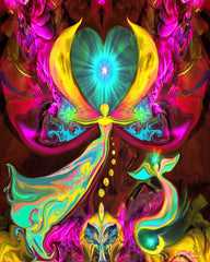 A colorful abstract reiki energy art print featuring an angel figure amidst a vibrant, multicolored background with heart and star shapes. Art Print by Primal Painter