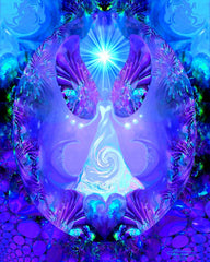 A vibrant art print featuring a violet-colored angel figure with an aura of light and stars around it, symbolizing 'Hope" by Primal Painter