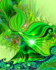 Fairy  art print in shades of green with spirals indicating the ground and abstract forms above. by Primal Painter 