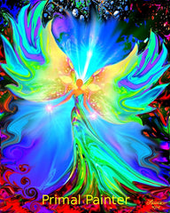 Psychedelic angle art print called Ease by Primal Painter witha green and yellow angel against a fractalized rainbow background. 