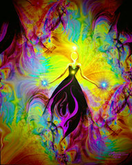 Abstract multicolored wall art featuring a stylized female figure with a halo above, surrounded by vibrant, swirling patterns of various colors. Rainbow art by Primal Painter