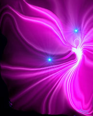 A colorful pink abstract art  print featuring a dynamic, swirling pattern with a central, guiding light or angel set against a dark background.