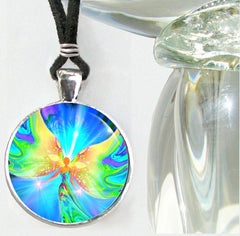 Pastel Angel Art  round Necklace with Metaphysical Artwork in blue, yellow, and green under glass by Primal Painter