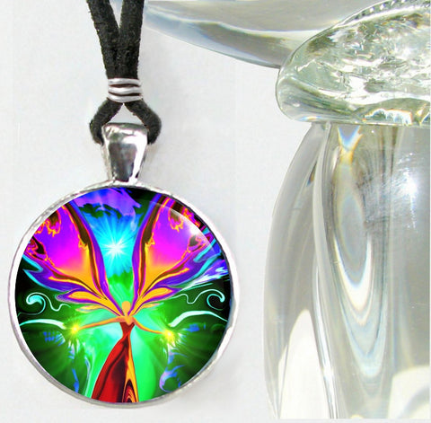 Rainbow Angel Necklace with violet flame wings. Metaphysical art by Primal Painter
