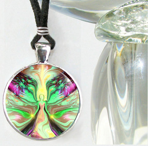 Handmade necklace featuring a metaphysical art print sealed under a glass dome of a pastel green, yellow, and pink angel with flowing patterns