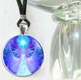 Necklace with violet and white pastel angel with a blue starburst overhead