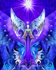 This purple and blue angel holds spiraling energy above her hands, two crescent moons flanking her feet and a purple starburst blazing above her head. Art by Primal Painter
