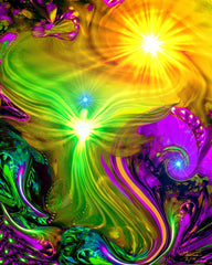 Abstract angel art print called Awakening by Primal Painter featuring a stylistic green angel against a colorful abstract background and bright sun in the corner. 