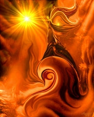orange chakra angel art print of an angel standing on top of a spiral with a bright sun in the corner. Called Ride the Wave by Primal Painter