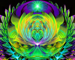 A colorful abstract energy art print featuring a lotus flower, indicating a vibrant and luminous design with a green and purple hue, intended for wall decoration.