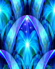 abstract angel art print in blues and touches of purple with geometric symmetry called The Doorway by Primal Painter