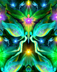 Green visionary art of two twin flame fairies face to face with a central angel above them representing the Higher Self.  Art Print by Primal Painter