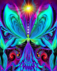 Vibrance by Primal Painter is an angel photo print featuring a brightly colored angel in rainbow colors with a yellow starburst overhead and orbs in her hands with two angels flanking her on the sides against an abstract psychedelic background. 