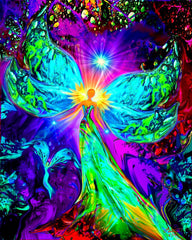 bold rainbow angel art print with a segmented abstract background in bright colors symbolizing new life by Primal Painter