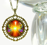 Large bronze necklace with orange and rainbow abstract energy art by Primal Painter